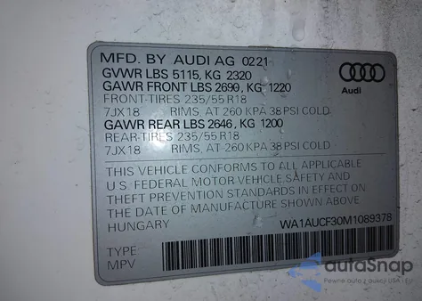 2021 Audi Q3 Premium 40 Tfsi Quattro Tiptronic z USA, uszkodzony, nr VIN 0WA1AUCF30M108937